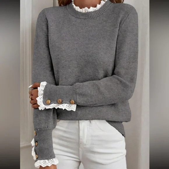 Quincy- Gray Sweater with Lace Cuff Detail - Picture 3 of 4